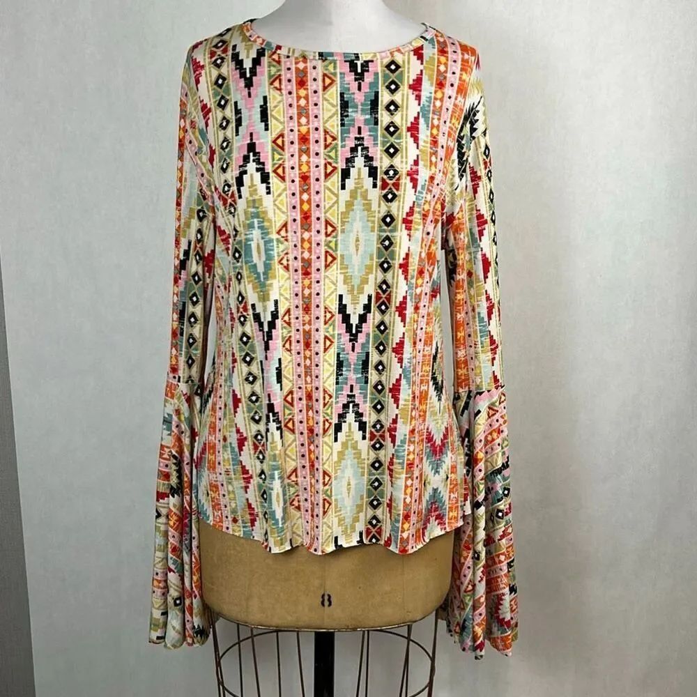 L&B Aztec Print Shirt Blouse Flare Bell Sleeve Sz Medium Geometic Multicolor